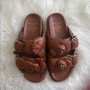 Valentino Brown Leather Floral Sandals